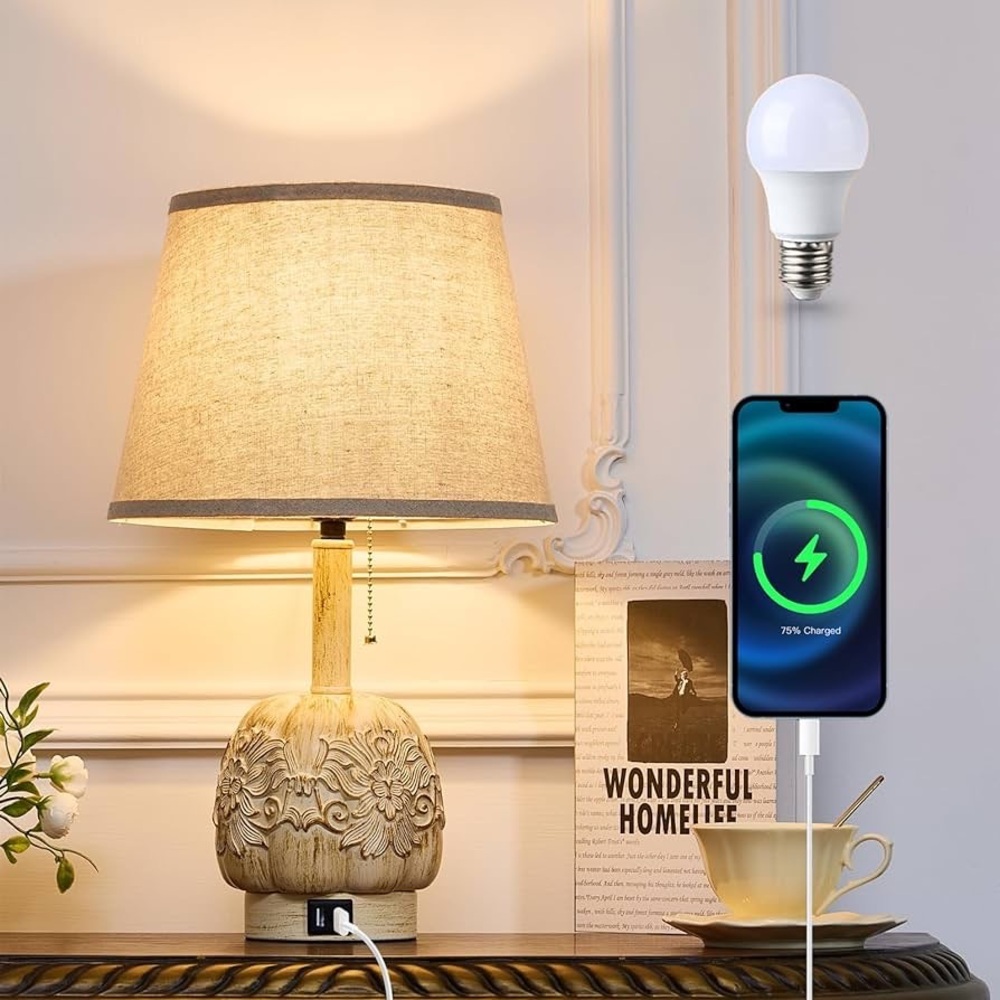 Rustic Farmhouse Table Lamp with USB Ports,Pull Cord Switch TableLamp w/LED Bulb